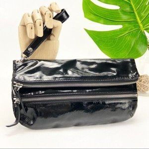 Fossil Evening Wristlet Clutch Bag Folding Double Zip Black Patent Leather